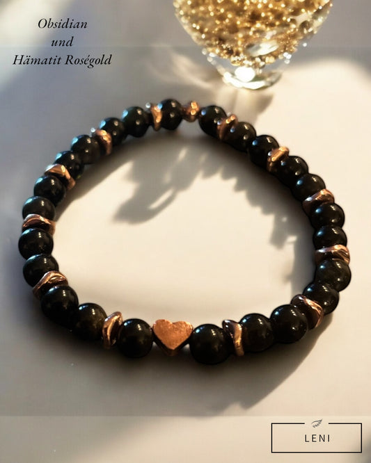 Edelstein Obsidian / Hämatit roségold mit Herz