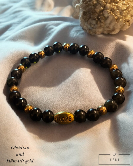 Edelstein Obsidian / Hämatit Armband mit „Hope“ goldfarben