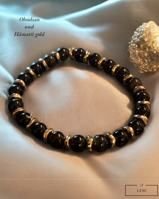 Edelstein Obsidian Armband mit goldenen Hämatit Rondellen