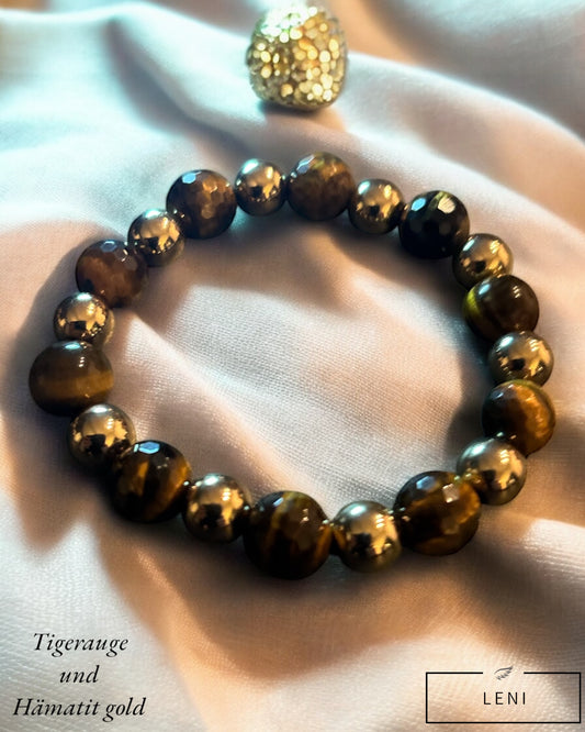 Edelstein Tigerauge Armband facettiert mit goldenen Hämatit Perlen