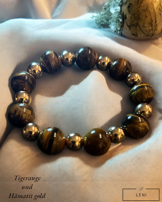 Edelstein Tigerauge Armband mit großen Perlen und Hämatit Details in gold