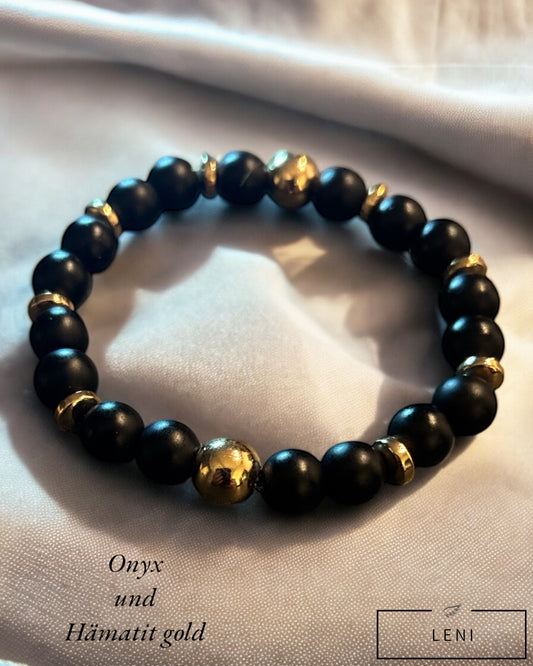 Edelstein Onyx Armband mit goldenen Hämatit Details