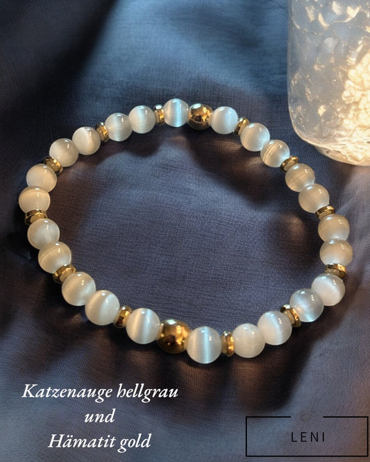 Edelstein Katzenauge Armband mit goldenen Hämatit Details