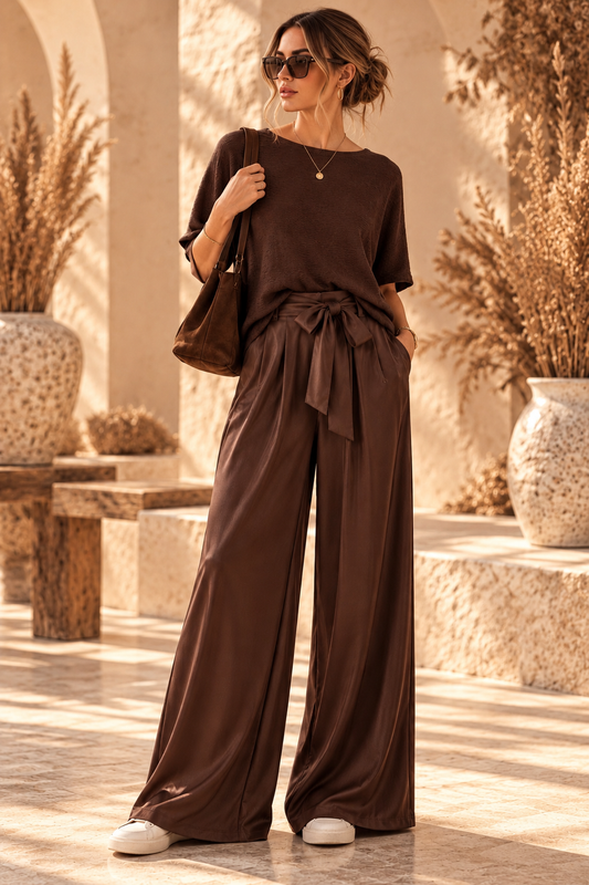 Elegante Wide-Leg-Hose mit Bindegürtel – Braun & Beige 🤎